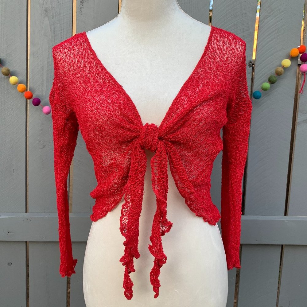 Vintage Cropped Bolero Shrug Cardigan - Fine Stretchy Knit with Tie Front